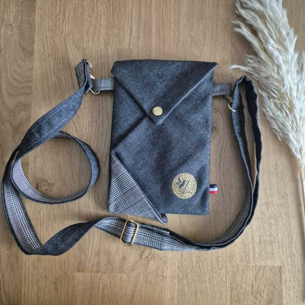 Sac Origami bandoulière fine motif Prince de Galles jean noir finitions dorées Ateliers Lysac