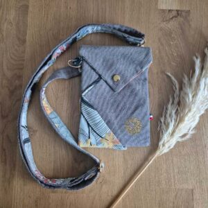 Sac Origami bandoulière fine imprimé tropical jean bleu chiné recyclé finitions dorées Ateliers Lysac