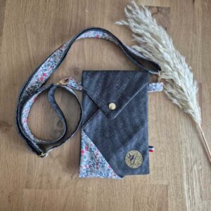 Sac Origami bandoulière fine imprimé fleuri jean noir chiné recyclé finitions dorées Ateliers Lysac